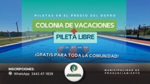 PILETA LIBRE EN PRONUNCIAMIENTO+ COLONIA DE VACACIONES GRATIS PARA TODA LA COMUNIDAD.