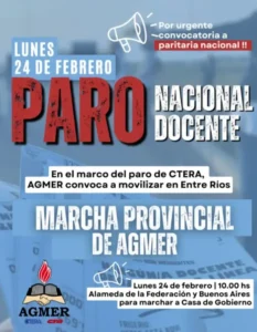 Agmer adhiere al paro nacional convocado por CTERA y llama a movilizarse el próximo lunes