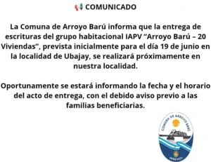 La Comuna de Arroyo Barú reprogramará la entrega de escrituras del grupo habitacional IAPV