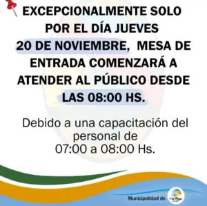 Aviso a la Comunidad de 1º de Mayo : Modificación de Horario en Mesa de Entrada