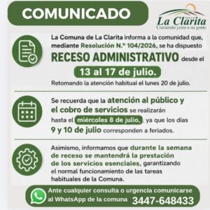 La Clarita decretó receso administrativo del 13 al 17