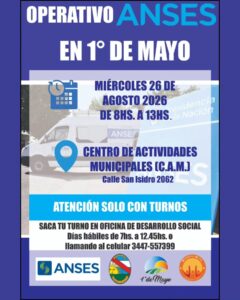 Anses atenderá en 1° de Mayo el miércoles 26 de agosto